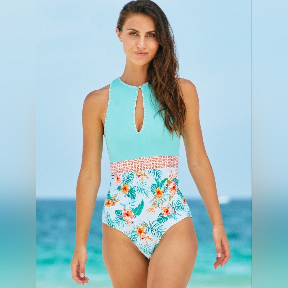 CABANA LIFE Cayman/Turquoise Embroidered Keyhole Swimsuit UPF 50+ Size L